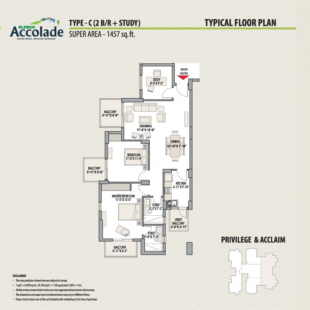 2 BHK + Study Type C - 1,457 sq.ft.