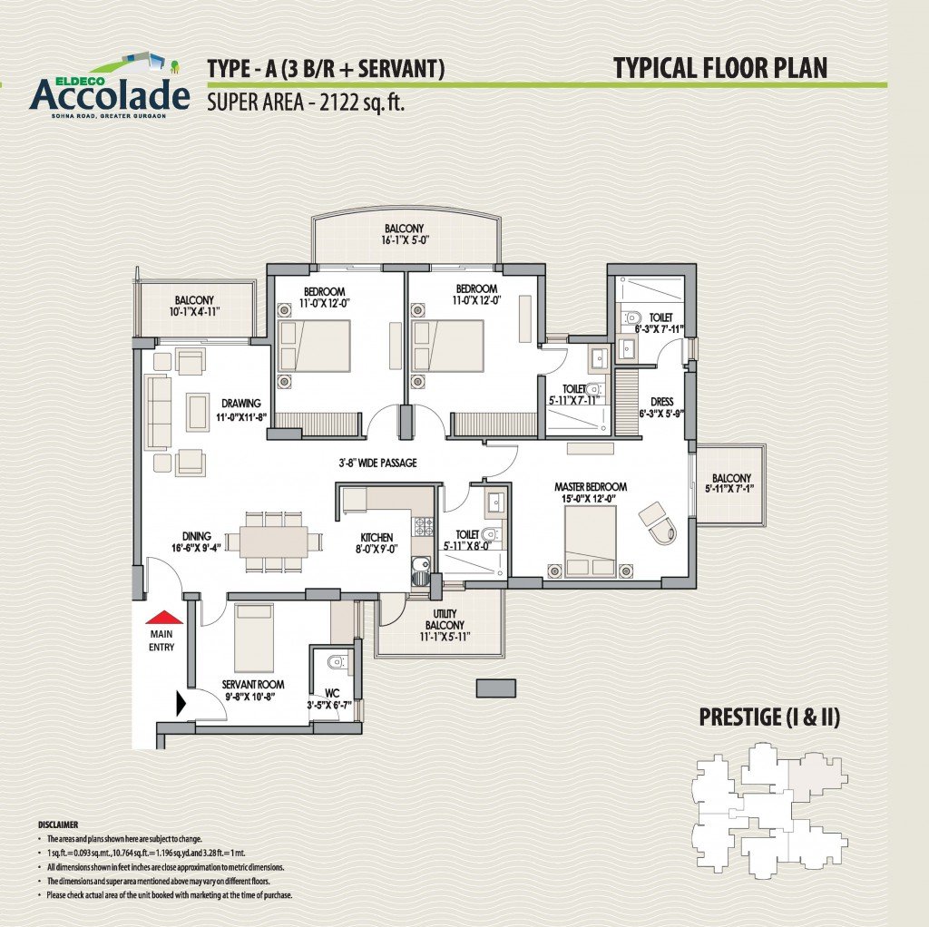 3 BHK + Servant Type A - 2,122 sq.ft.