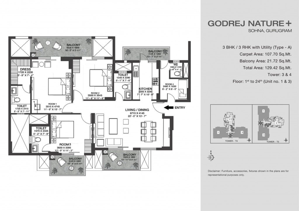 3 BHK with Utility Type A - 129.42 sq.m.
