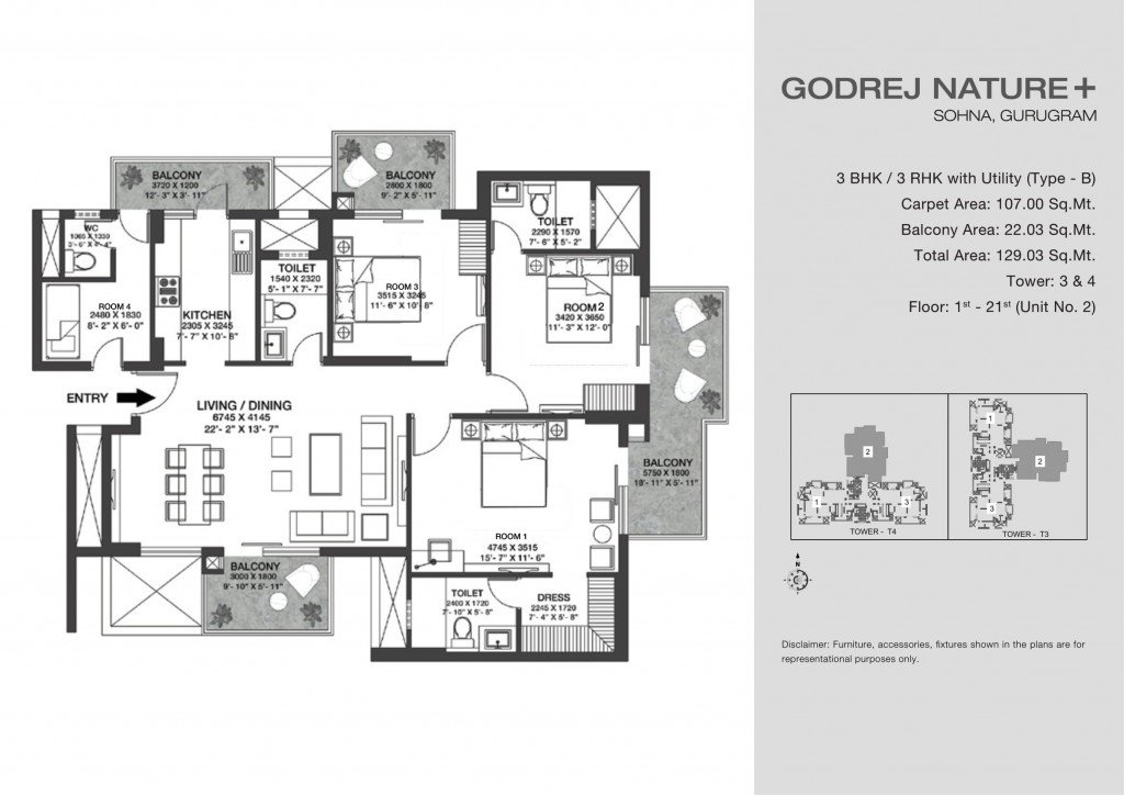 3 BHK with Utility Type B - 129.03 sq.m.